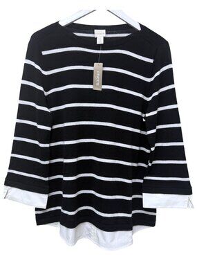 CHICOS Nautical Stripe Light Sweater Medium Black White Layered Look Top NWT